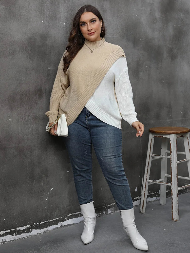 Mock Neck Color Block Knitted Sweater