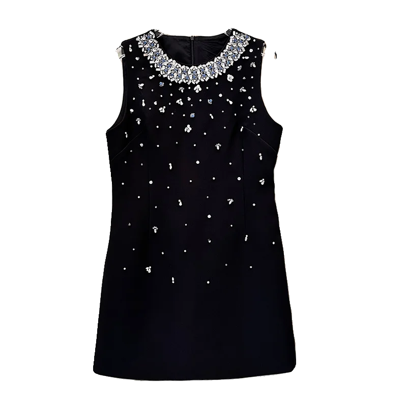 Vintage Sleeveless Rhinestone Round NeckDress