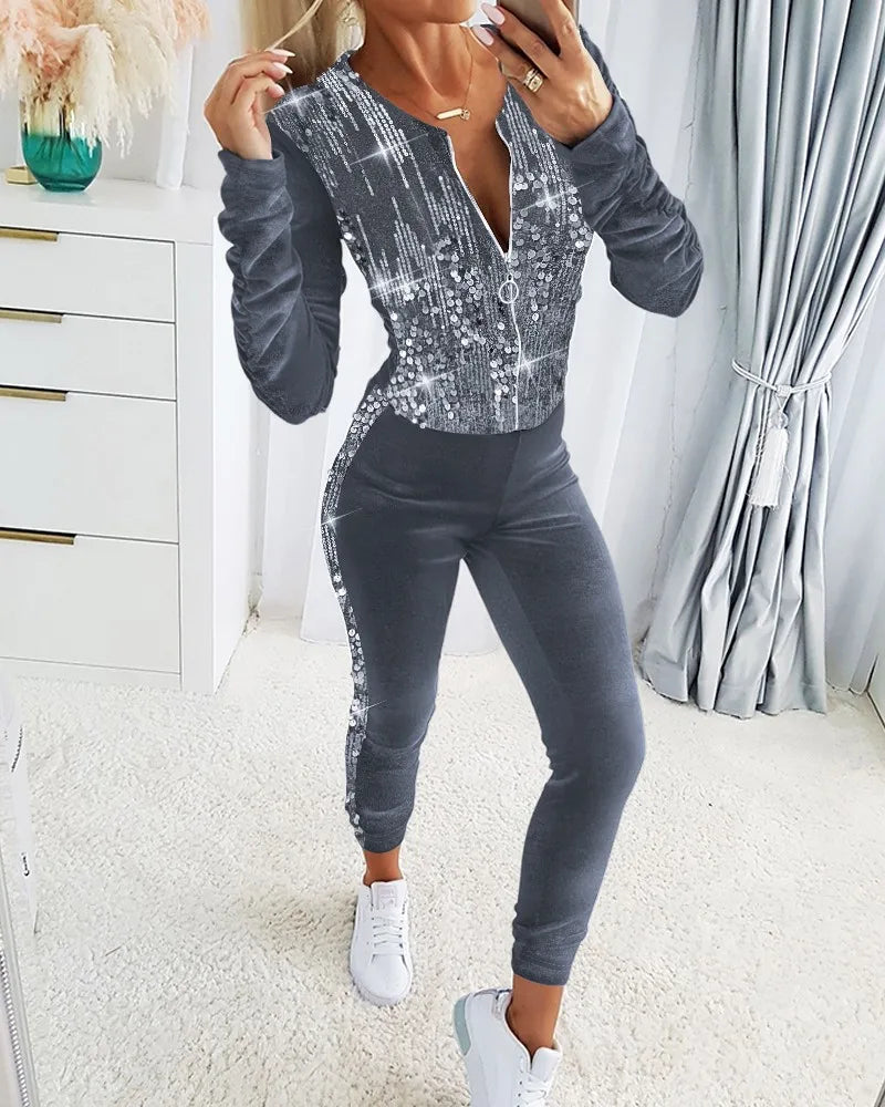 Velvet Casual Contrast Sequin Tracksuits