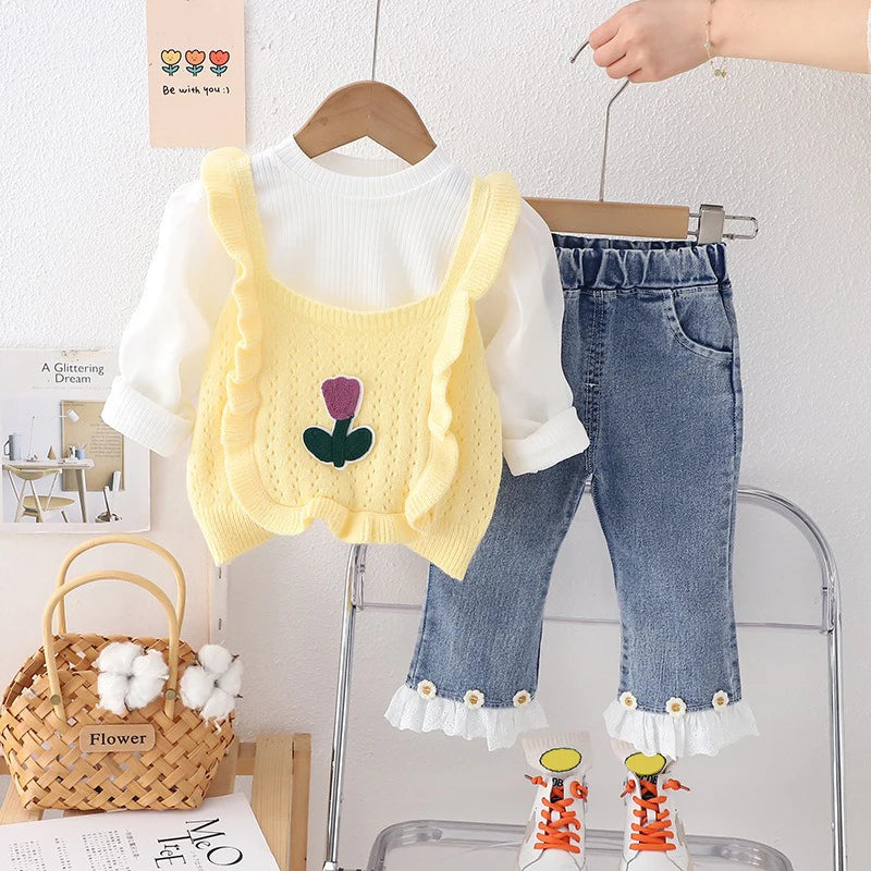 Baby Girls Knitted Vest, Bubble Sleeve T-shirt, and Jeans Set