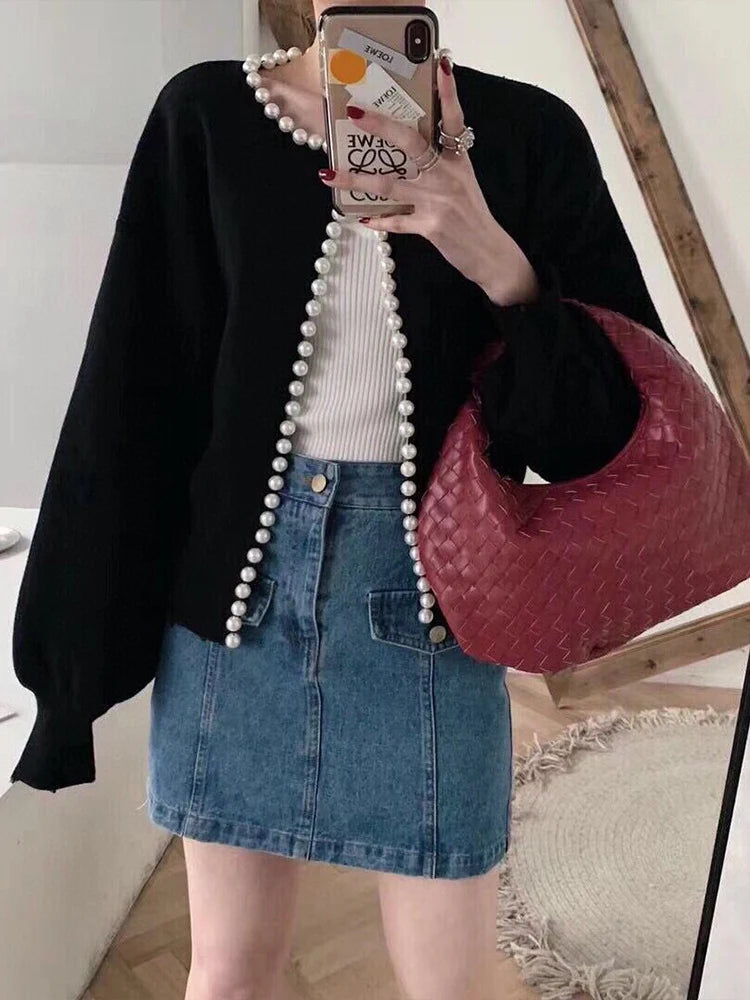 Pearl Trim Long Sleeve Loose Warm Casual Sweater Coat