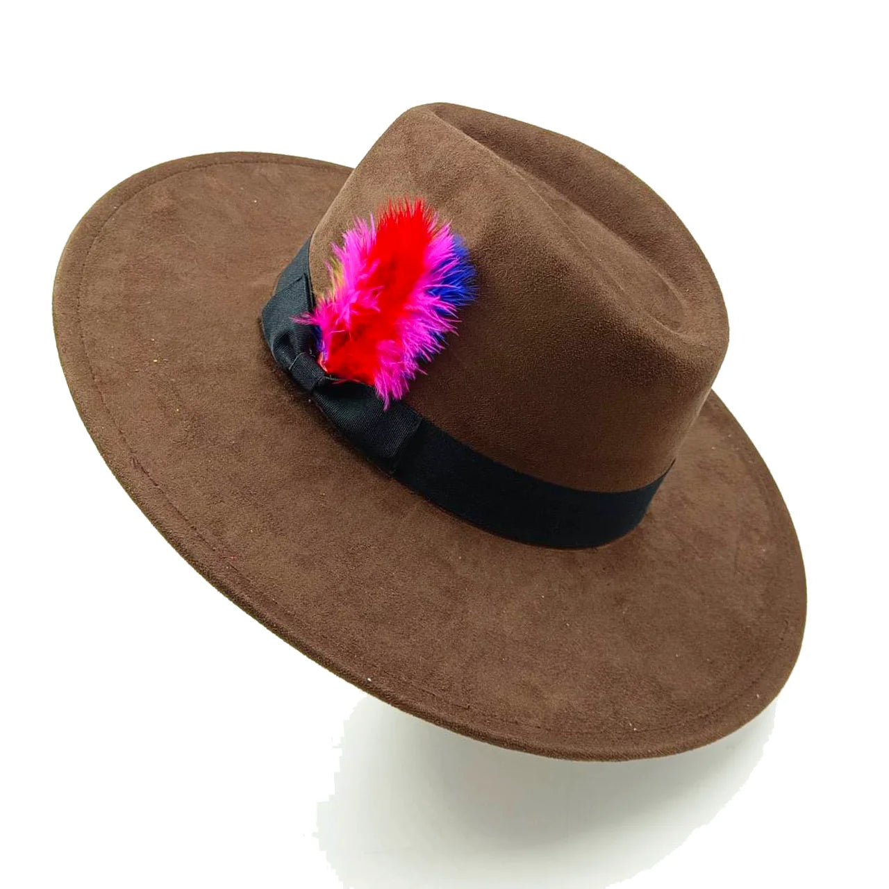 Wide Brim Feather Suede Fedora Hat Heart Top 9.5cm