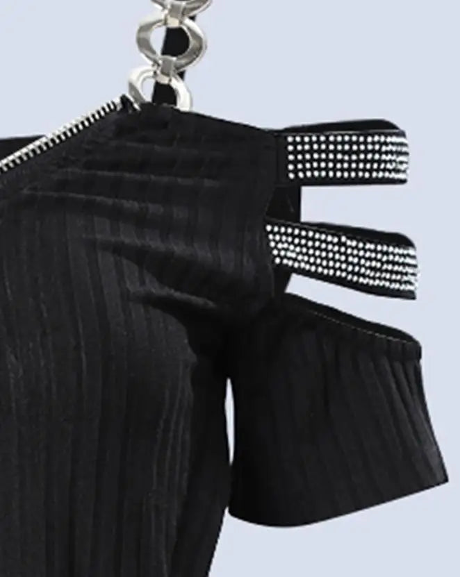 Rhinestone T-Shirt with  Zipper Details Split Bottom Design