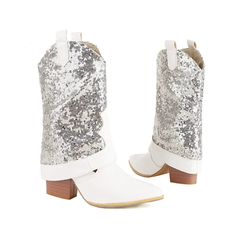 Glitter Sequin Pointed Toe High Heels Western Cowboy Mid Calf Boot