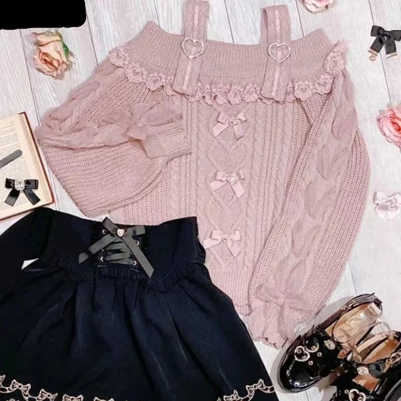 Sweet  Cute Off Shoulder Lace Ruffles Bow Sweater