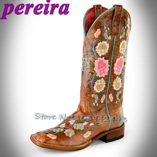 Embroidered Flower Rose Garden Mid-Calf Cowboy Boots
