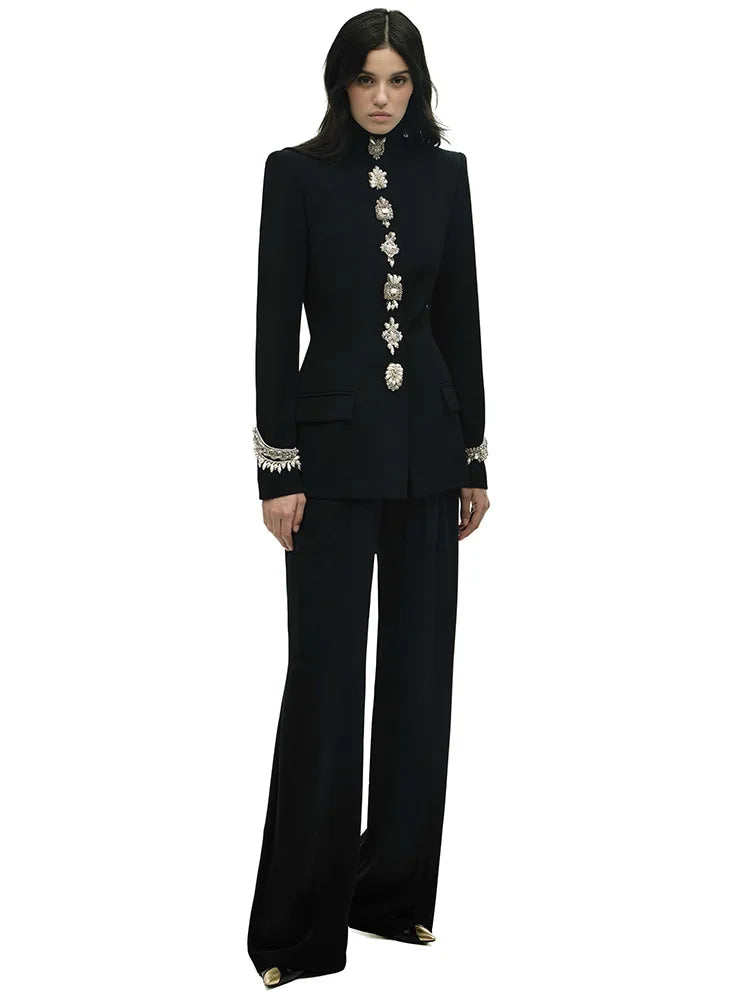 2025 Designer Suit Women Beaded Diamonds Stand Collar Jacket Pants Suit 2pcs Set ﻿
