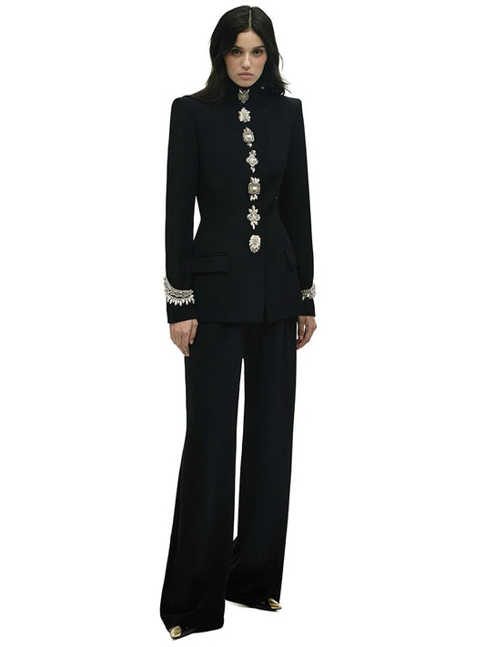 2025 Designer Suit Women Beaded Diamonds Stand Collar Jacket Pants Suit 2pcs Set ﻿