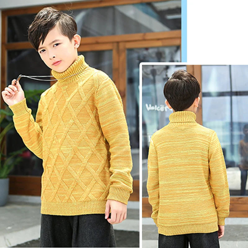 3-10 Years Boys Fashion Plush Warm Turtleneck Sweater