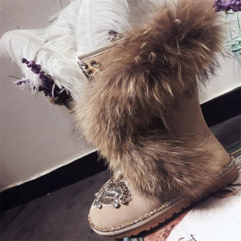 Vintage beaded hand-made Fox fur Rhinestone Winter Boot