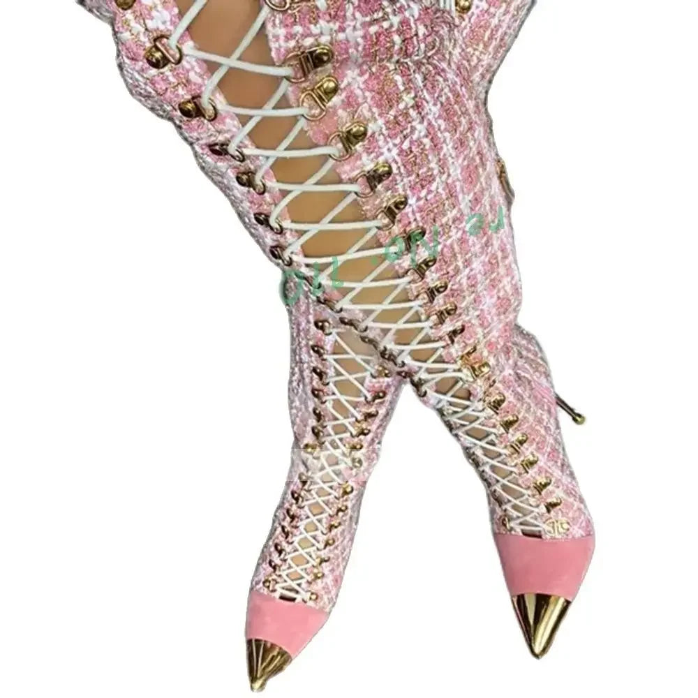 Pink Plaid Hollow Tall Boots With Metal Pointy Toe Women Cross Tied High Heels Boots