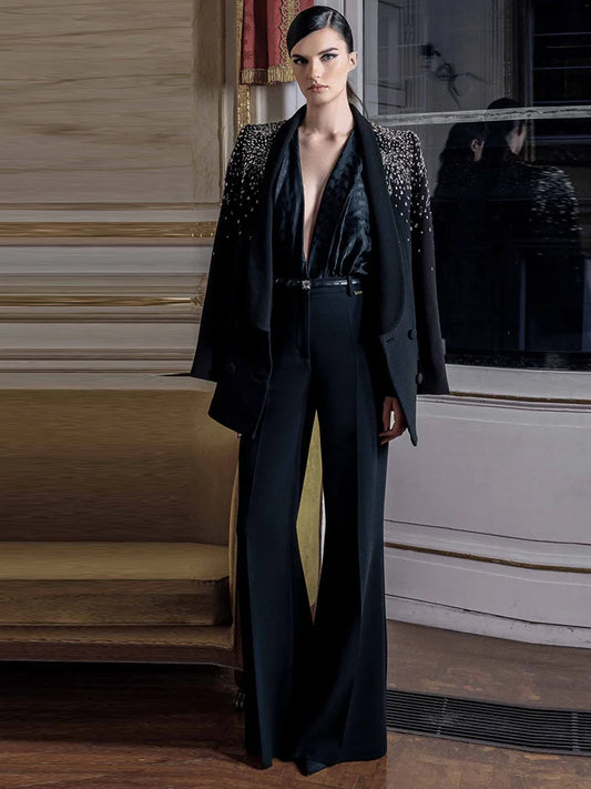 Beaded Diamonds  Shawl Collar Double Breasted Blazer Pants Set 2PC