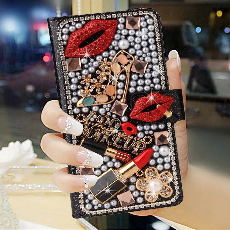 Bling Diamond Rhinestone Flower Case for iPhone 11 12 13 14 15 16 Pro Max XR XS 7 Case Leather Magnetic Flip Wallet Book Cover