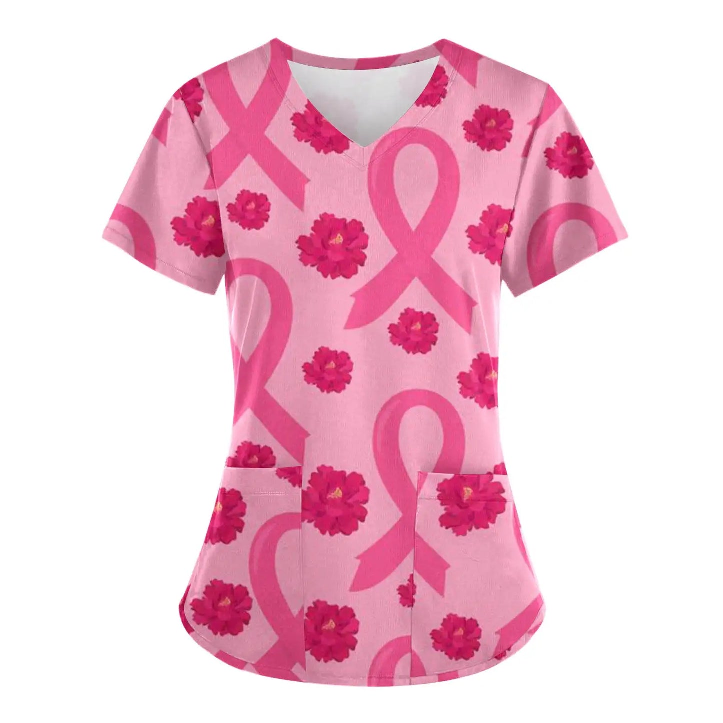 Pink Ribbon Cancer Fighter Women's V Neck Short Sleeve Tops with Pockets Scrubs