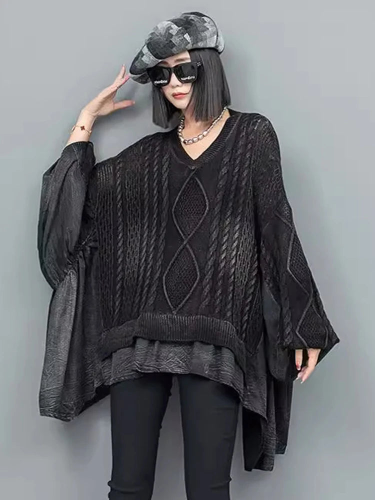 Irregular Big Size Knitting Sweater V-Neck Long Sleeve Women Pullovers