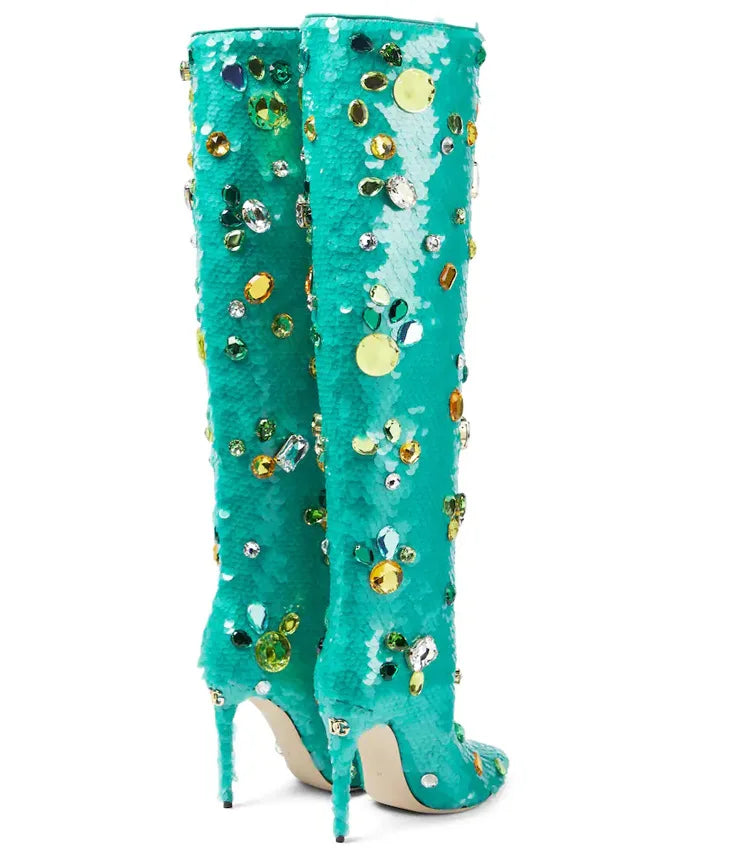 New Handmade Rhinestone Blue  Knee-High Boot