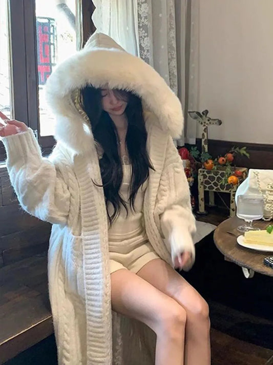 Fur Hooded Sweater Long Cardigan