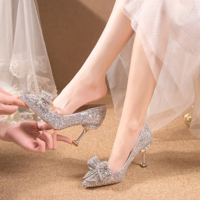 Rhinestone Bow Pump with Decorative Heel