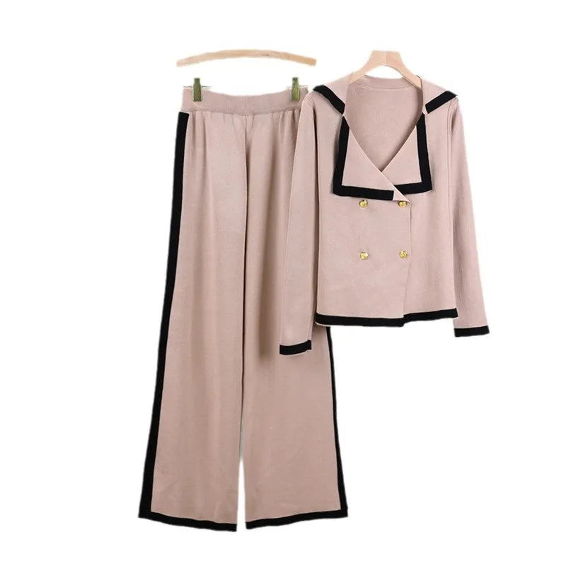 Turn Down Collar Double Breasted  Sweater Set