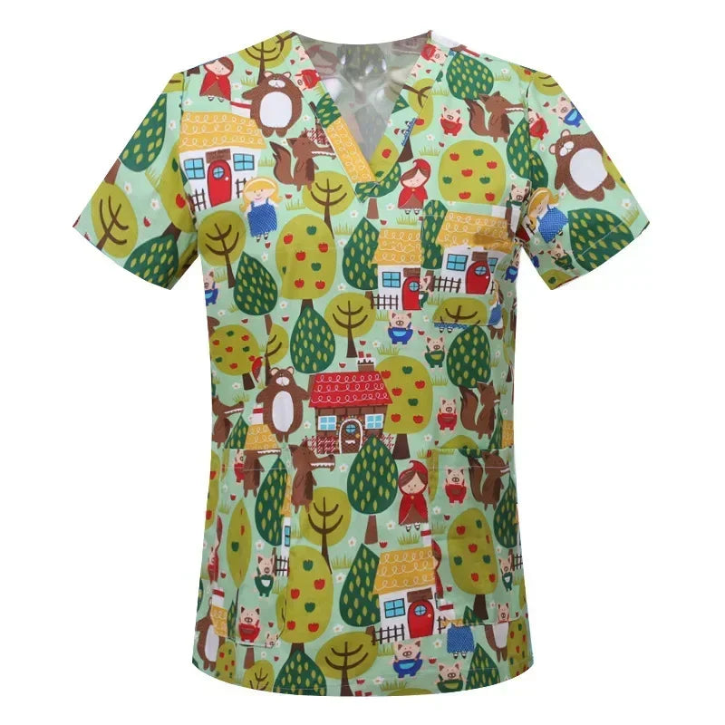 Cotton Print Nurse Scrub Tops