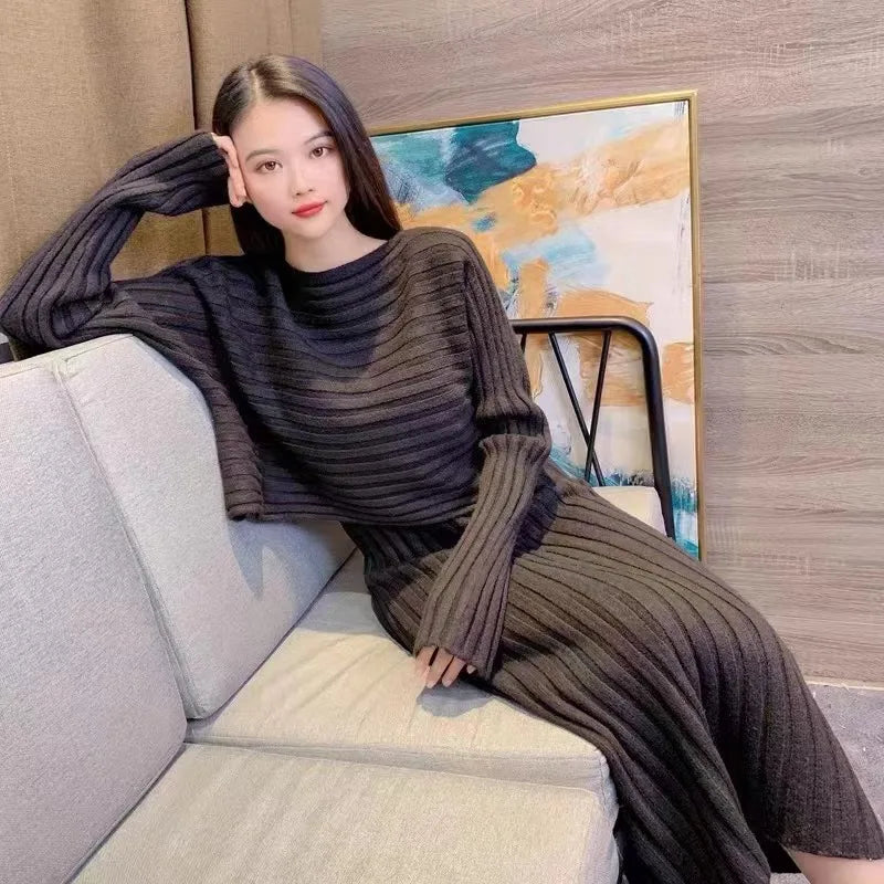 Elegant V-neck Knitted Sleeveless Dress+Pullovers Sweater 2pc Set