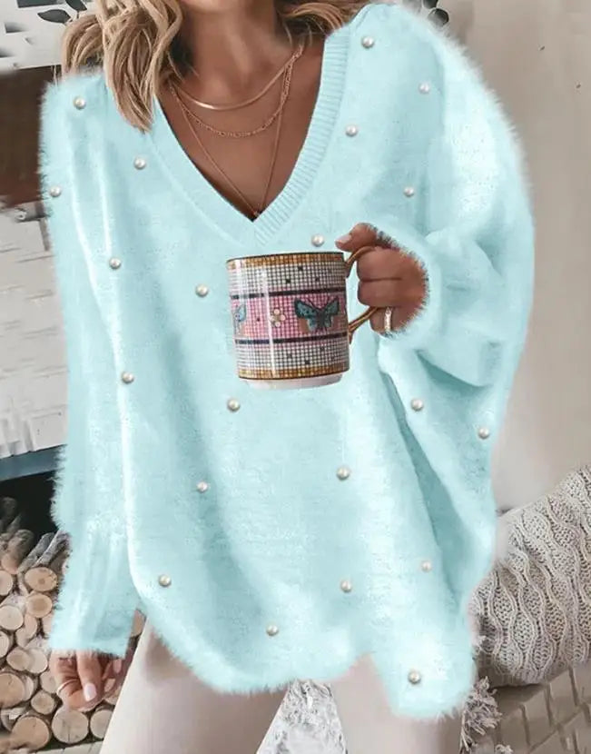 Lazy Ribbed Knitted Pullover V-Neck Pearl Long Sleeved Sweater