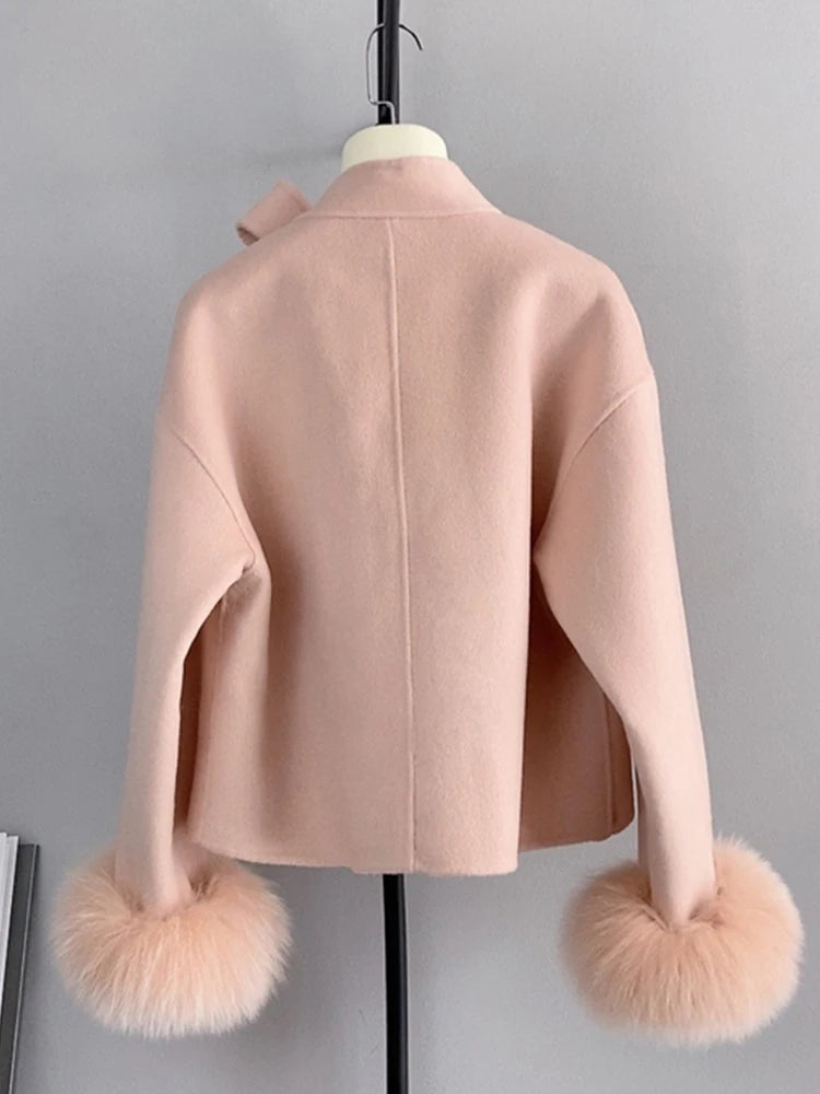 Real Natural Fox Fur Cuff Cashmere Wool Luxury Jacket