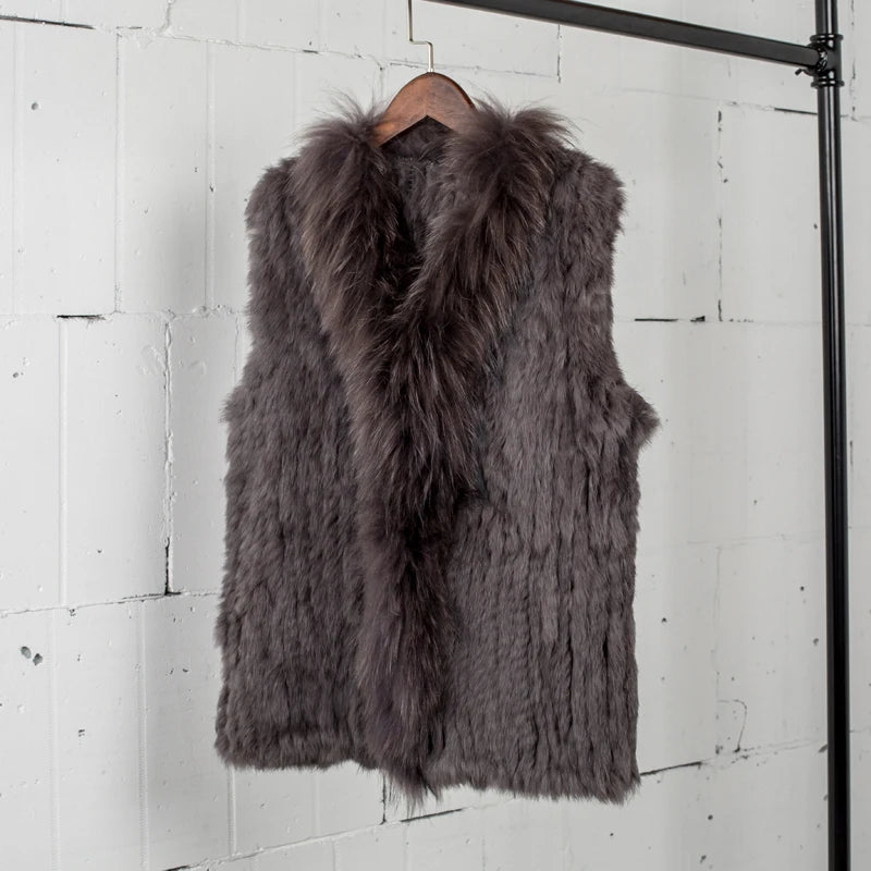 Natural Real Rabbit Fur Vest With Raccoon Fur Collar Jackets