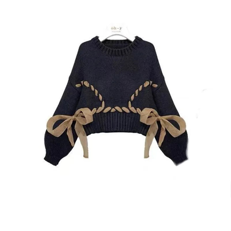 New Slim Style Lace Up Sweater Mesh Skirt Two Piece Set