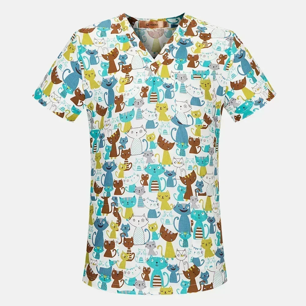 Cotton Print Nurse Scrub Tops