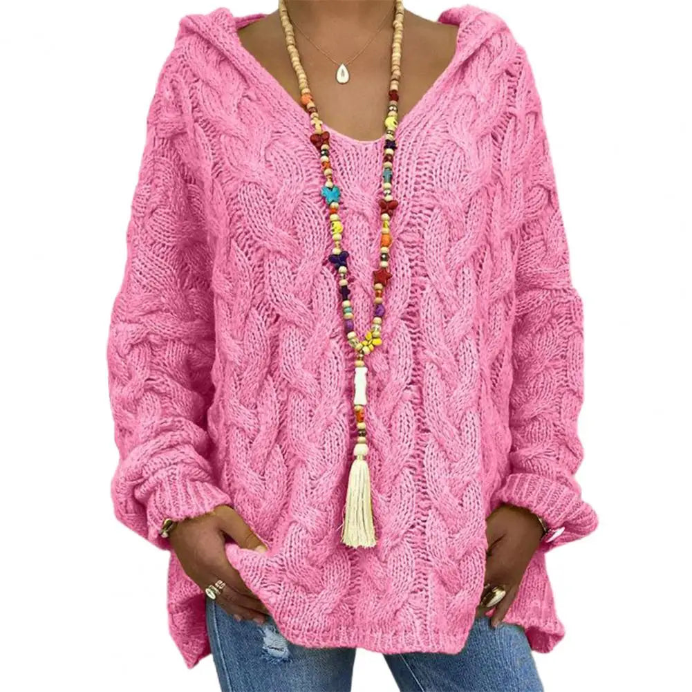 Hooded V-Neck Long Sleeves Twist Knitted Hoodie