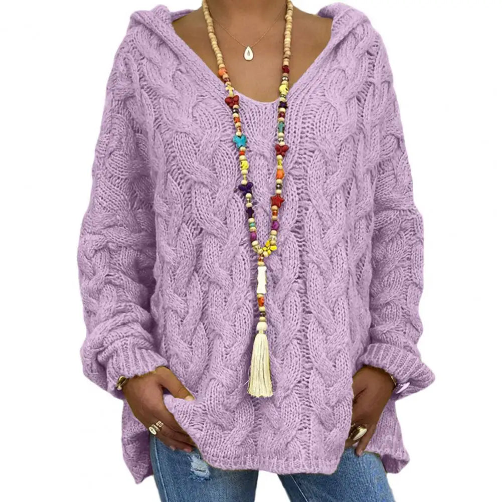 Hooded V-Neck Long Sleeves Twist Knitted Hoodie