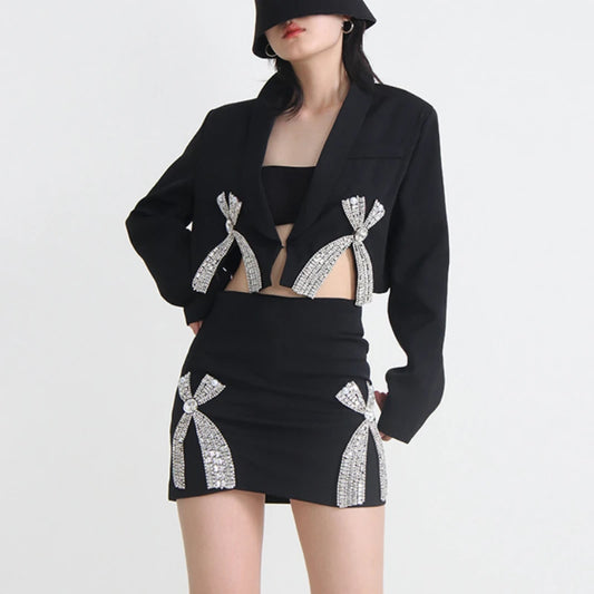 Bow Rhinestones Embellishment Suit