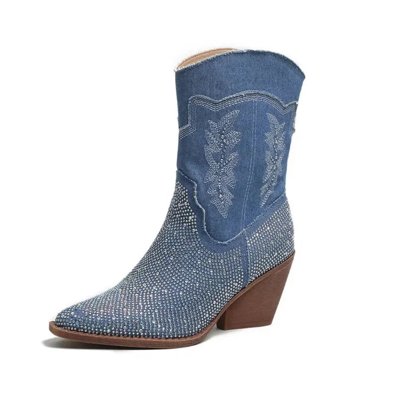 Rhinestone Denim Cowboy Boots