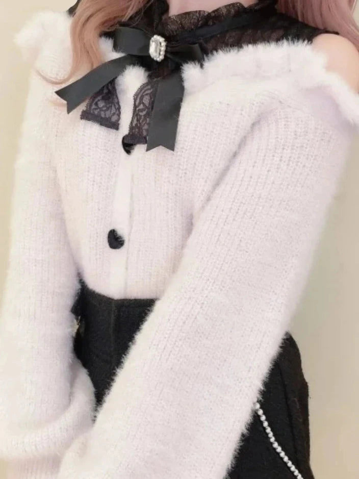 Sweet Lolita Off Shoulder Long Sleeve Knitwear Bow Lace Waist Slim Sweater