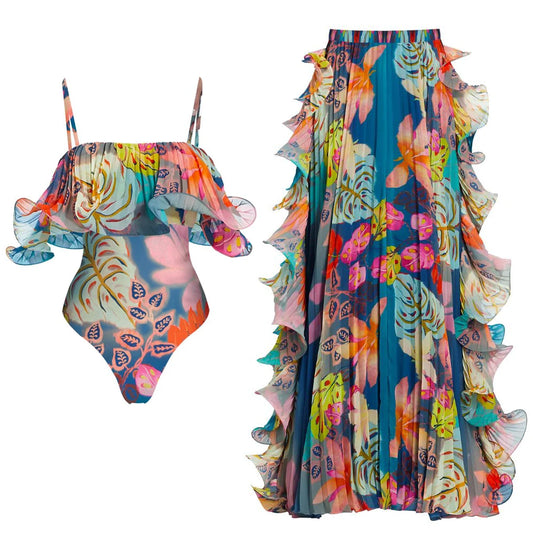 Luxury Flowers Printed One Piece Swimsuit and Skirt  Beachwear