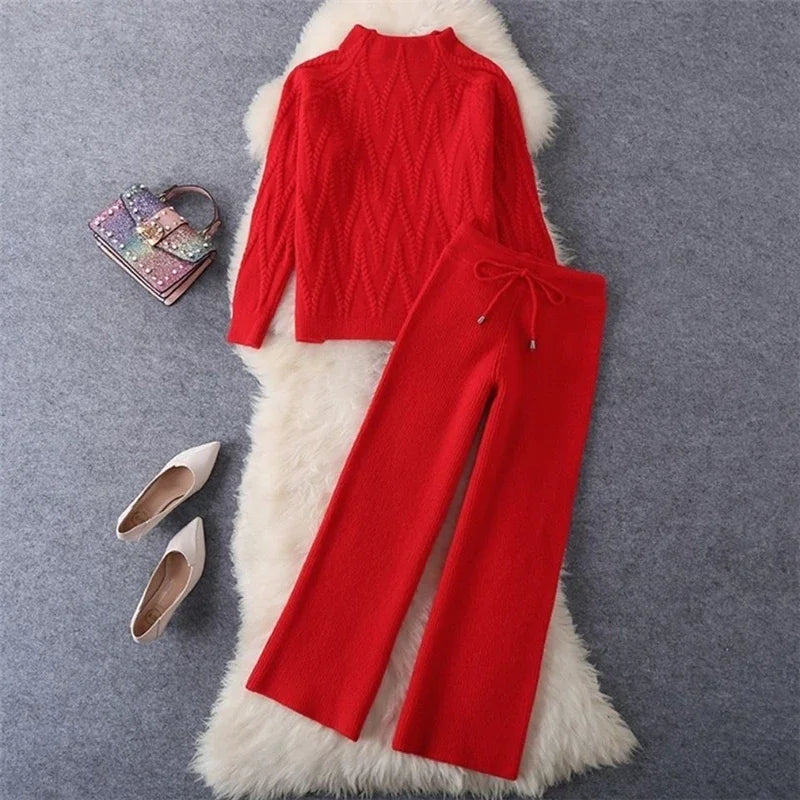 Thick Warm Casual Pullover Sweaters Conjunto Wide Leg Pants