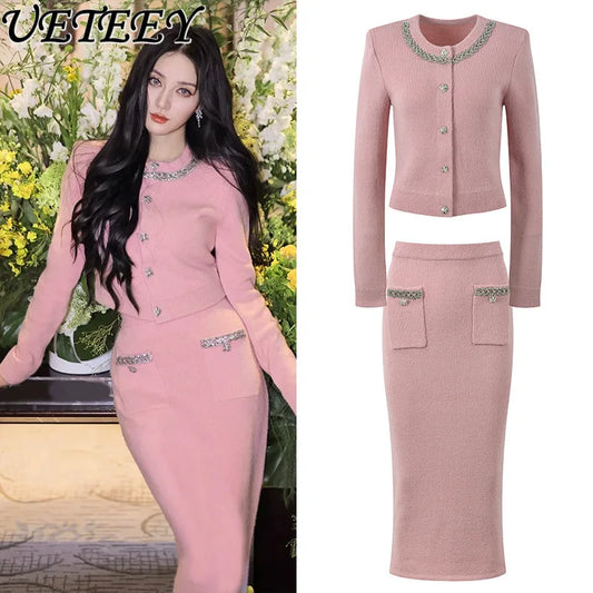 French Style Round Neck  Rhinestone Sweater with  High Waist Long Skirt Set