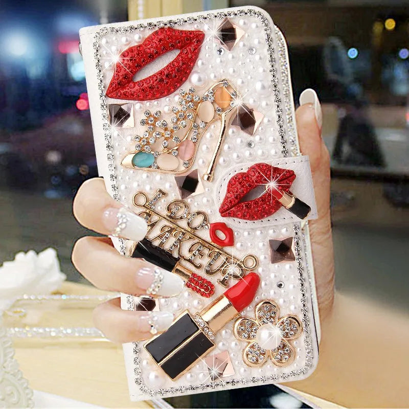 Bling Diamond Rhinestone Flower Case for iPhone 11 12 13 14 15 16 Pro Max XR XS 7 Case Leather Magnetic Flip Wallet Book Cover