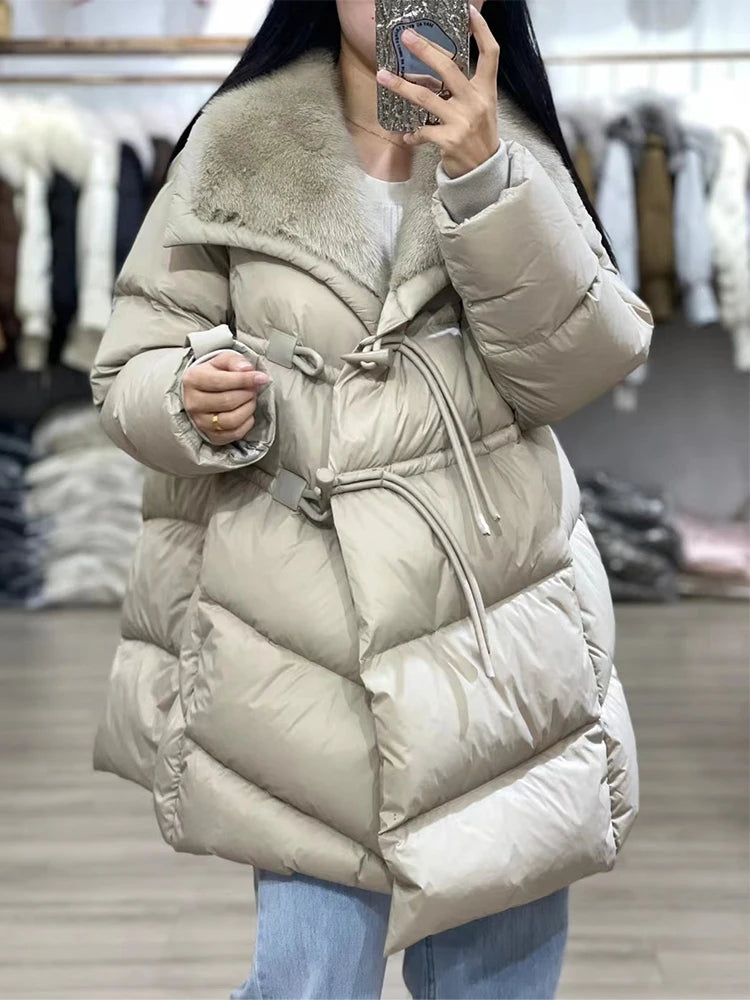 Warm Winter Goose Down Coat with Natural Real Mink Fur Collar