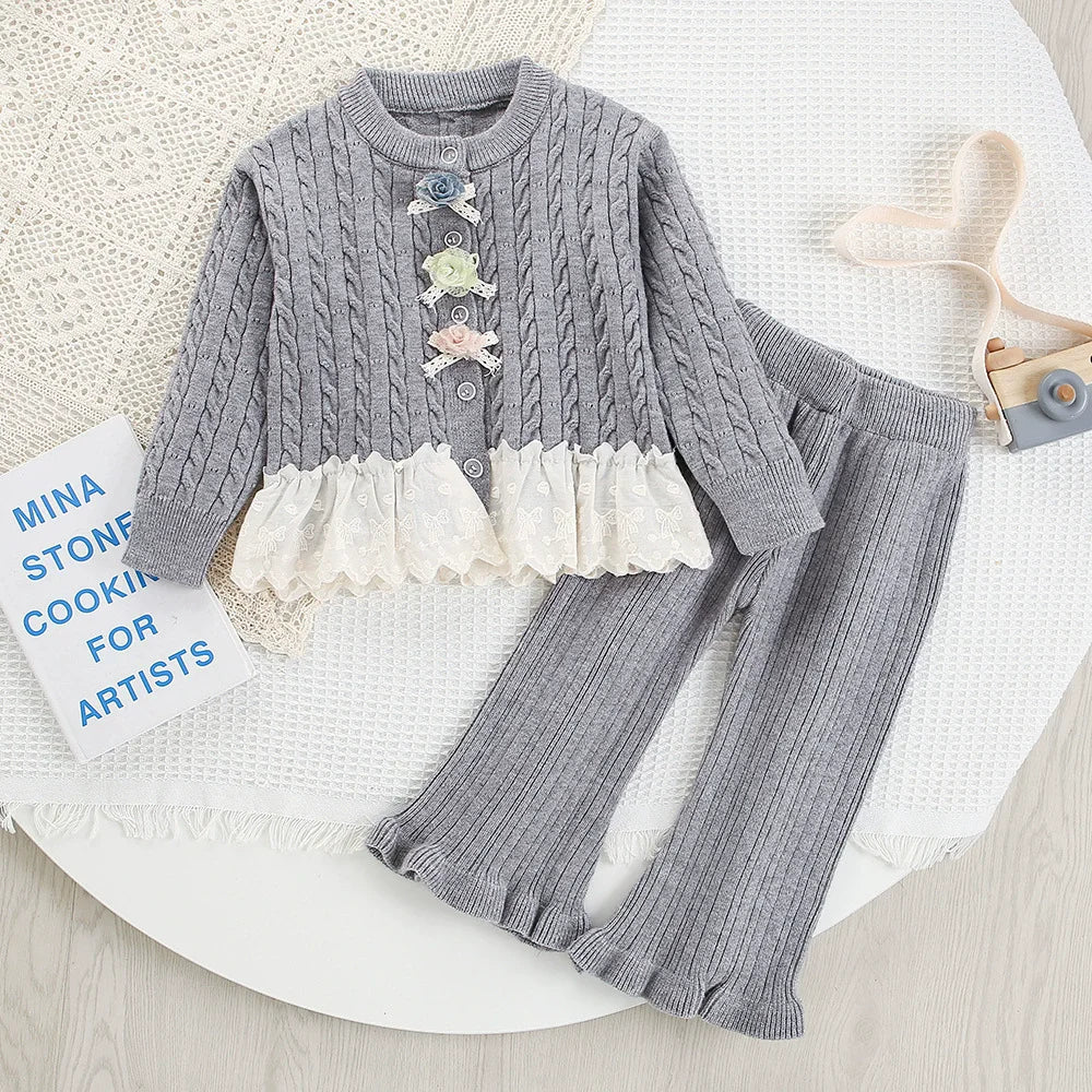 Girls Cardigan with Lace Hem Knitted Sweater Set