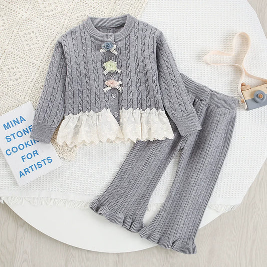 Girls Cardigan with Lace Hem Knitted Sweater Set