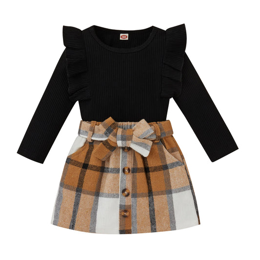 Girl 2Pcs Long Sleeve Knit and Plaid Skirts Set