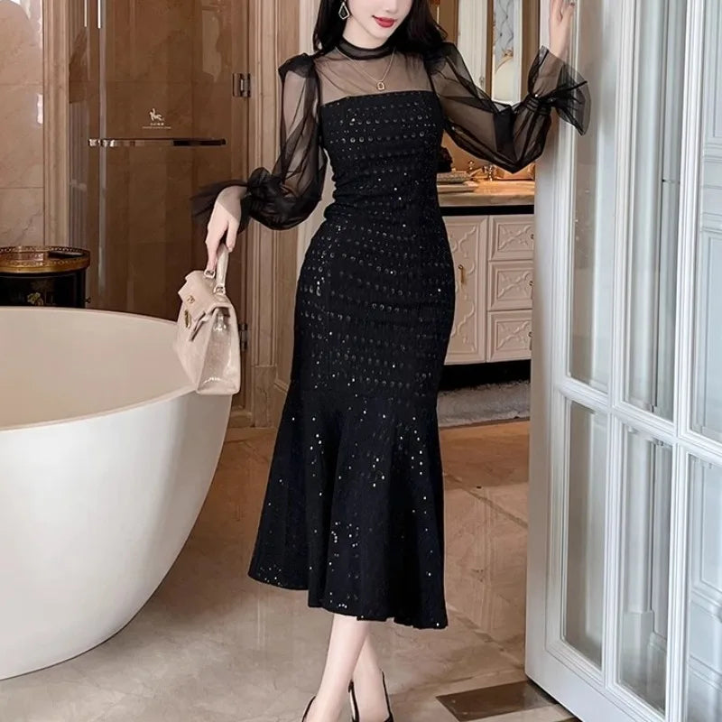 Bling Mesh Black Trumpet Dress