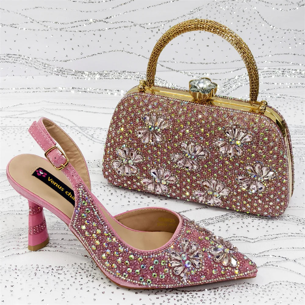 Venus Chan 2025 Women’s High Heel and Rhinestone Handbag Set - Italian Design