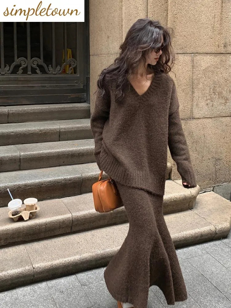 Lazy Sweater V-neck Pullover Knitted Sweater Top Half Skirt Fashion Two-piece Set