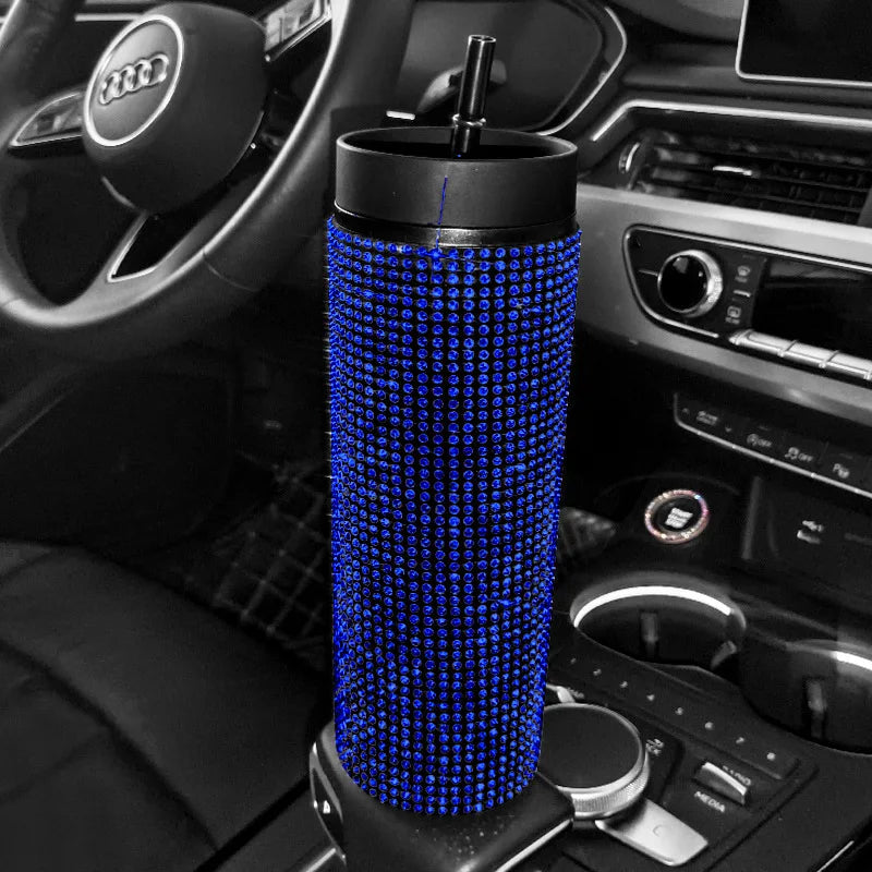 480ml Bling Plastic Coffee Mug Cup With Lid With Straw in Sparkling Rhinestones