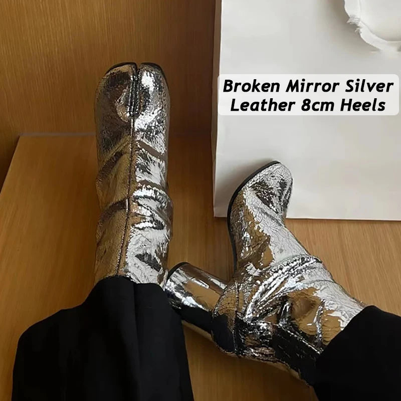 Genuine Leaher Broken Mirror Silver Chunky Heels Booties