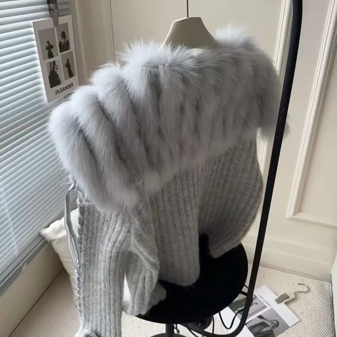 Vintage Faxu Fur Coat Patchwork Casual Knitted Sweater