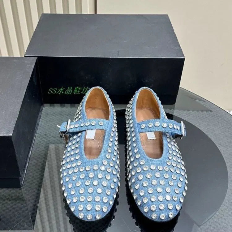Rhinestone Full Belt Buckle Round Toe Flat Shoes